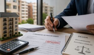 Presidente de una comunidad de propietarios revisando documentación relacionada con cuotas impagadas y reclamaciones de deuda, junto a elementos que representan la gestión económica y legal de una finca.